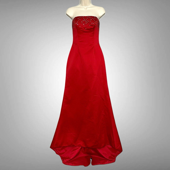 Vintage Cache Womens Dress 4 Red Satin Rhinestones Beads Train Dance Pagent Prom - Picture 1 of 13